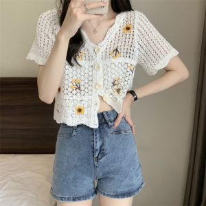 Hollow Embroidered Knitted Short Open Cardigan Women Summer New Outer Thin Short Sleeve Versatile Cover up Top