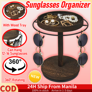360° Rotating Wooden Wooden Sunglasses Organizer Rack Display Stand With Wood Tray And Base Jewelry Storage Rack Glasses Holder Storage Space Saving Eyeglass Holder Stand Display Rack For Table Dresser Nightstand Desk