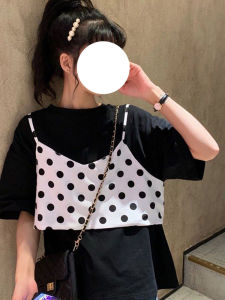 ชุดสองชิ้นสไตล์เกาหลีสำหรับผู้หญิงในช่วงฤดูร้อน สีดำ คอกลม แขนสั้น คอกลม แขนสั้น สีขาว ลายจุด ชุดทำงาน ลำลอง แขนกุด