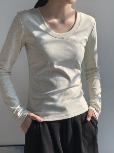 เสื้อยืดคอกลมแขนยาวผ้าฝ้ายแท้คุณภาพสูงสำหรับผู้หญิง เสื้อชั้นในคอต่ำ ทรงพอดีตัว สไตล์เกาหลี ฤดูใบไม้ผลิและฤดูใบไม้ร่วง