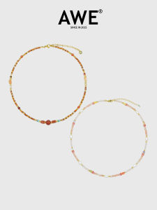 AWE Red Agate round Beads Colorful Crystal Womens Necklace French Vintage Luxury New Chinese Pearl Lockbone Chain Fashion Jewelry