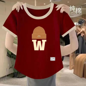 Summer New Style Womens Loose Cotton Short Sleeve T-shirt Color Block Design Belly Covering Slimming plus Size Korean Style