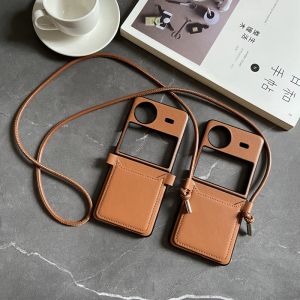 Vivo X Flip Foldable Phone Case Simple Business Creative Leather Texture Lanyard Crossbody Card Insert Anti-Fall Protective Cover for Women