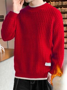 ROMON | Áo len cổ tròn lót lông cừu màu đỏ cho nam mùa đông 2025 phong cách mới năm rắn may đo thoải mái thường ngày
