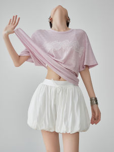 XIAODADEHUA | Light Pink Lace Spliced Transparent Short Sleeve T-Shirt Slimming Loose Fit