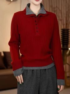 Red Knitted Long Sleeve High Collar Sweater plus Size Autumn High End Feeling Base Layer Fat MM New Years Double Piece