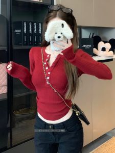 GUZILIAN | เสื้อชั้นในถักแขนยาวทรงสลิมฟิตสไตล์เกาหลีสำหรับผู้หญิงในฤดูใบไม้ร่วงและฤดูหนาว เสื้อชั้นในแบบปลอมสองชิ้นพร้อมขอบลูกไม้และคอเปิดครึ่งตัว