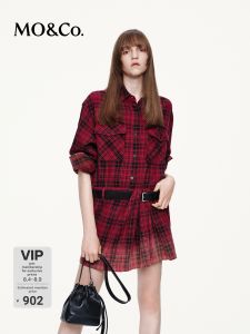 MO&Co. | Rustic Style Cotton Black and Red Plaid Dress with Belt