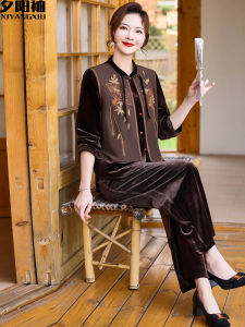 Elegant Mid-aged Womens Gold Velvet Embroidered Two-piece Set Fashionable Loose Fit Long Pants round Neck Single Button Closure