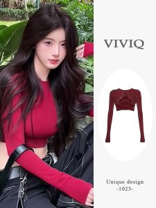 Hot Girl Hollow out Red T-Shirt Womens Tight Base Shirt Short Style Top Viviq Commute Style Korean Version Solid Color