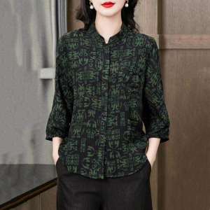 เสื้อเชิ้ตแขนเซเว่นควอร์เตอร์สำหรับผู้หญิงขนาดพิเศษ82กก. เสื้อลายพิมพ์สไตล์ประจำชาติจีนฤดูร้อน