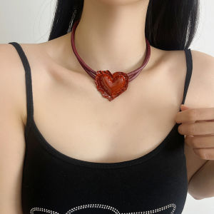 Ankela Red Heart Shaped Leather Necklace for Women Choker Style Lockbone Chain Fashionable Jewelry Accessory Original Design