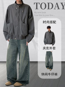 American Style Grey Pilot Jacket Set Mens Autumn Barn Wind Collar Vintage Workwear Stand up Shirt Casual Loose Fit Jeans