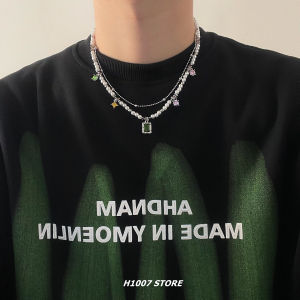 สร้อยคอชาย เงินแท้ 925 โซ่คอ โซ่คอกลวงสีสันสดใส 2 ชั้น ประดับด้วยมุกและเพชร โซ่คอกลวงแบบลำลอง โซ่คอกลวงแบบลำลอง