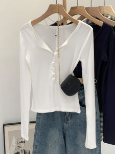 Unique Chic White Base Shirt Womens Korean Style Slim Fit T-Shirt Shoulder Button up Long Sleeve Pure Color Autumn New Arrival