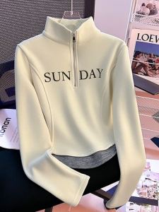 Áo Nỉ Cổ Đứng Có Khóa Kéo Dài Vừa Vặn Cho Nữ Mùa Xuân Thu Tay Dài in Họa Tiết Phong Cách Hàn Quốc Cotton 95% Spandex 5%