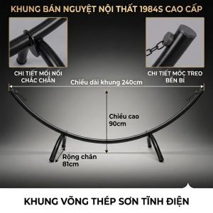 Bộ võng bán nguyệt lắp ráp khung thép cao cấp 1984s   | Khung thép dựng kín 50mm   | Độ dày khung 12mm   | Tải trọng 200 kg   | Thích hợp cho dã ngoại và leo núi đường trường