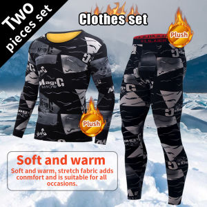 2-piece Autumn And Winter Mens Velvet Warm Printed Set Comfortable Thickened Cold Resistant Round Neck Top Elastic Waist Pants