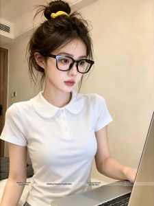 Petite Fashion White Collared Polo Shirt for Women
