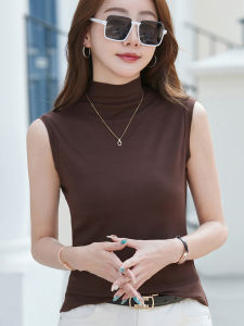 Stylish Slim Fit Half High Collar Sleeveless Base Shirt for Women in Coffee Color Spring Autumn New Style Fashionable T Shirt