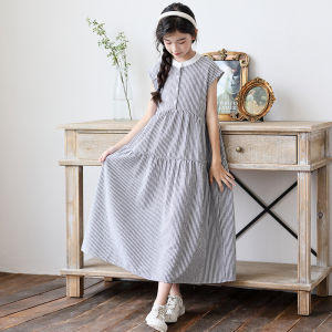 Summer New Loose Stripe Princess Dress Beach Vacation Long Skirt for Big Girls And Women Korean Style Cotton Polyester Blend