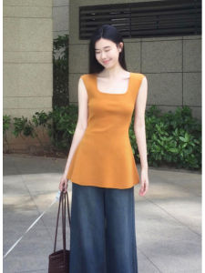 YUEZHONGWEI | French Square Neck Ice Silk Knit Tank Top