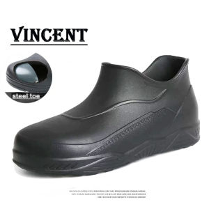 VINCENT Steel Toe Safety Shoes for Chef Shoes Men Kitchen Shoes Oil-proof &Slip Resistant Short Work Boots Slip on Formal Steel Head Safety Work Shoes Restaurant Outdoor High Cut Rain Shoes