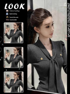 Light Mature Style Retro Gray V-neck Fitted Shoulders Knit Top
