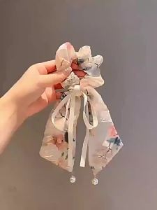 Embroidered Flower Bow Ribbon Hair Tie