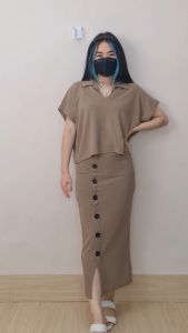 4370 Karina Button Knit One Set Polos Rib Rok Knit Wanita Rok Span