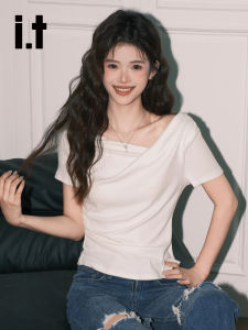 Chocoole White Asymmetrical Waist-Cinching Short Sleeve T-Shirt Korean Style Commute Pure Color Casual Womens Top