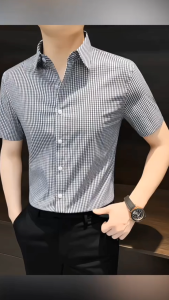 Plaid Polyester cotton Short sleeves Formal Shirts Fashion Business Slim fit Lapel Top