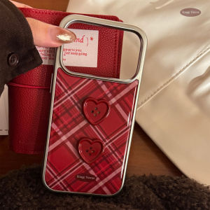 Luxury Red Grid Pattern 3D Love Heart Button Plating Phone Case For iPhone 17 Air 16 15 14 13 12 Pro Max Shockproof Hard Cover