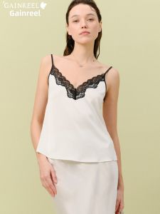 Gainreel | French Satin Color Block Lace Trim Seductive Strapless V-Neck Thin Top