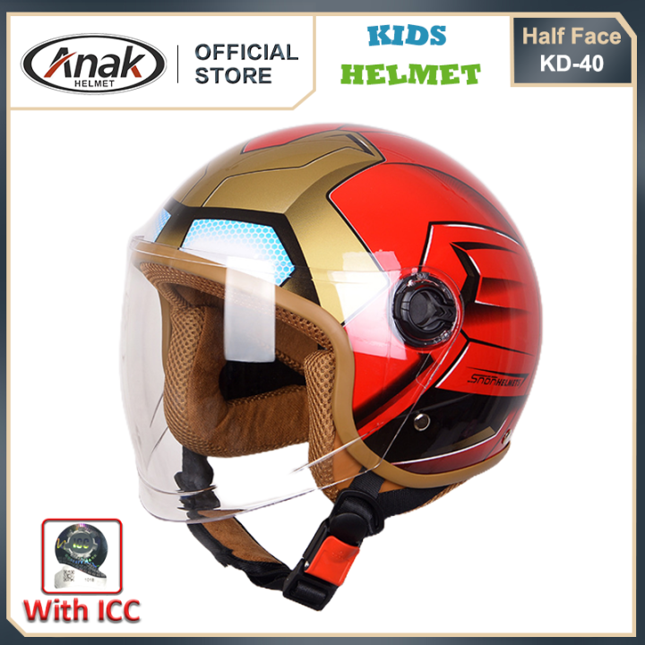 Anak KD 40 Helmet for Kids 3 Pattern Motorcycle 4 to 12 Years Old Half Face Iron Man Children Boys and Girls