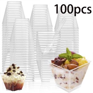 100PCS 60ML Transparent Dessert Cup Disposable PP Trapezoidal Cup Restaurant Party Dessert Fruit Ice Cream Container Square Mini
