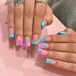 24Pcs Simple Short Square Head Fake Nail with French Design Acrylic Full Cover Flower Nail Set Press on Wearable False Nails