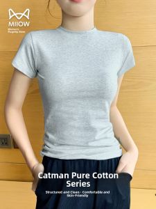 MiiOW | Pure Cotton Grey Short Sleeve Round Neck T-Shirt Womens Summer Thin Base Layer Slimming Versatile Shoulder T-Shirt Top