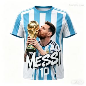 Summer Men Gym Fitness Messi Football Printed T-shirt Short Sleeve Casual Sports Jersey Kids Boys Street Tee Outdoor Wear