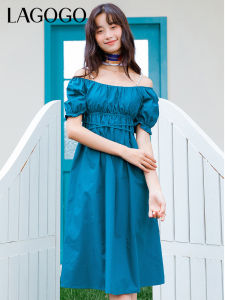 ชุดเดรสยาวปานกลางทรงเอคอเหลี่ยมแขนกุดสีฟ้า Lagogo สำหรับผู้หญิง ทรงเข้ารูป ทรงสลิม เดรสยาวปานกลางสไตล์สาวน้อย