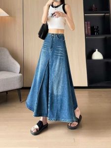 Retro Faded Denim Half Skirt Womens A-Line Midi Skirt High Waist Wide Hem Splicing Bodycon Skirt Chinese Style Summer Dress