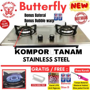 [TERLARIS] Kompor Tanam Stainless Butterfly 2 Tungku Kualitas Premium Free Pemantik Gas Panjang Free Baterai dan Bubblewarp Free Karet LPG