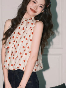 chaqi | French Polka Dot Sleeveless Shirt Women Summer Thin Loose Design Sensation Sash Delicate Small Shirt Chiffon Top Elegant Casual Wear