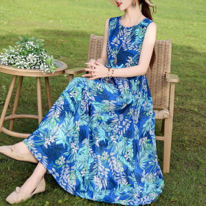 Summer Long Sleeveless Cotton Silk Dress Womens plus Size Loose A-Line Knee-Length New Fashion Slimming High Waist Gown