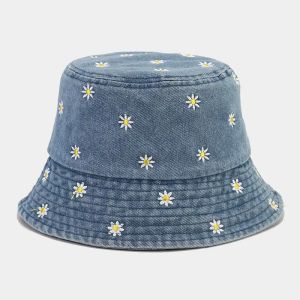 Daisy Embroidered Denim Fisherman Hats Spring and Summer Versatile Basin Hat Outdoor Travel Sun Caps Women Hat
