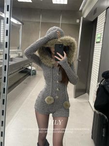 American Style Hot Girl Knitted Long Sleeve Onesie Women Early Autumn Elegantly Slim Fit Base Layer Short Pants