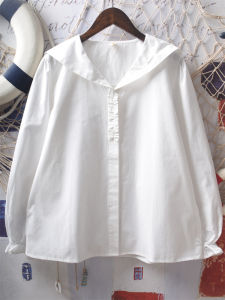 Japanese Style Soft Girl Ins Style Niche Style Navy Doll Collar Loose Cotton Long Sleeves Shirt French Style Petite Top Women