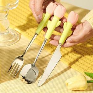 Elegant Ins Ceramic 304 Stainless Steel Fork Spoon High Value Tulip Western Dining Utensils for Steak Dessert Heart Shaped