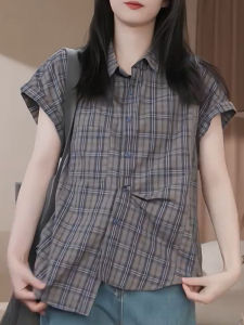 Slim Fit Plaid Design Casual Shirt Grey Turn-down Collar Commute Fashion Summer Style for  Pear Body Types Short Sleeve