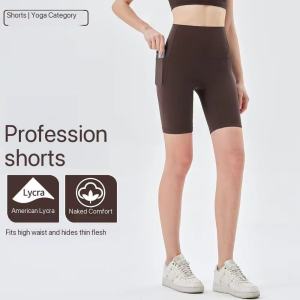Womens Solid Color High-Waisted Tight Yoga Shorts with Pockets for Running Training Fitness Cycling and Sports